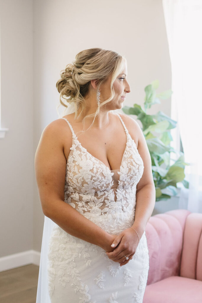 bride looking out window