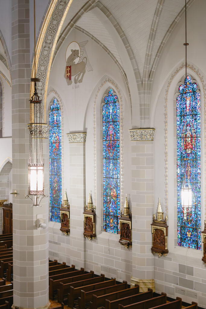 photo of stained glass windows inside St Florian Catholic Church, located in Hamtramck Michigan