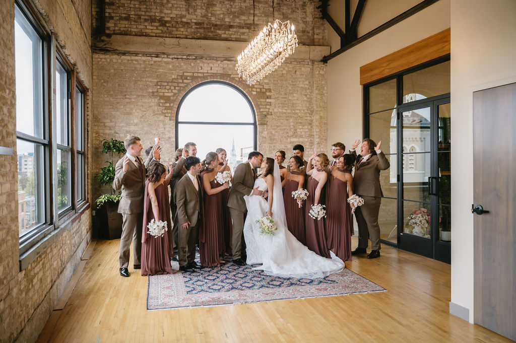 wedding party portrait inside the high five grand rapids