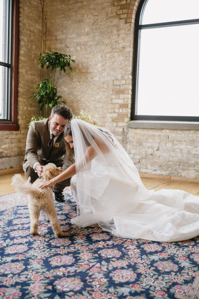 couple petting dog at the high five wedding venue in grand rapids