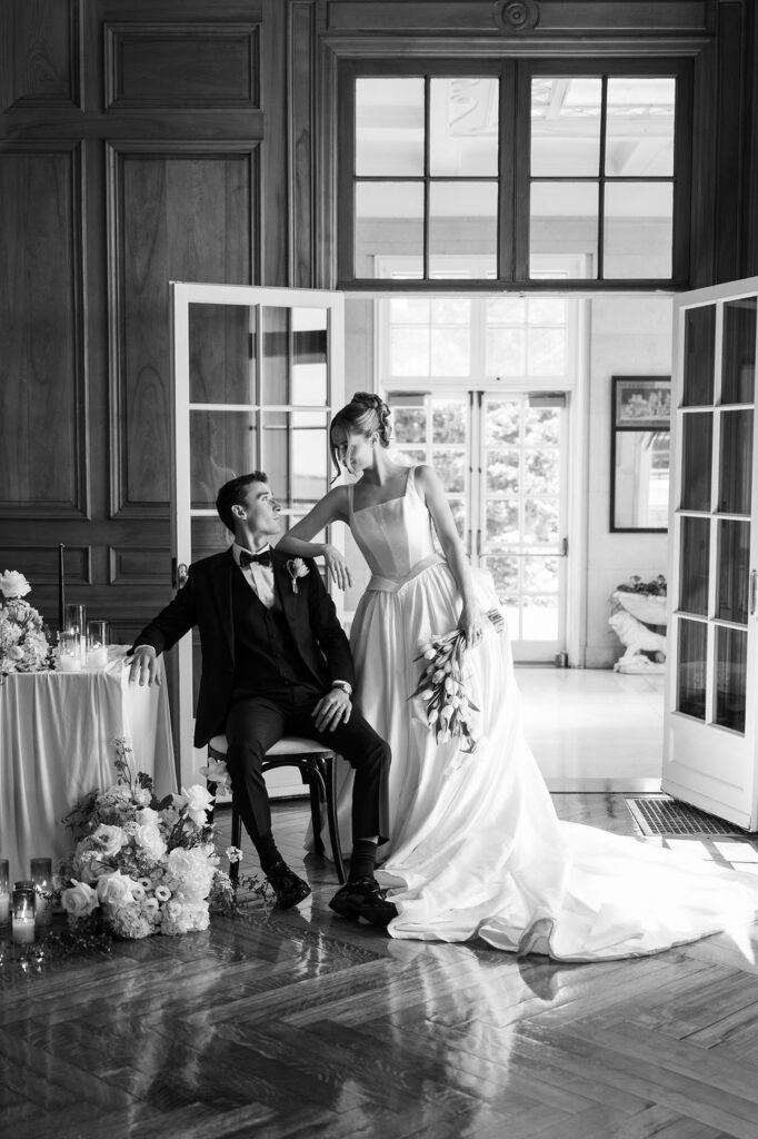 bride and groom standing inside War Memorial wedding reception space