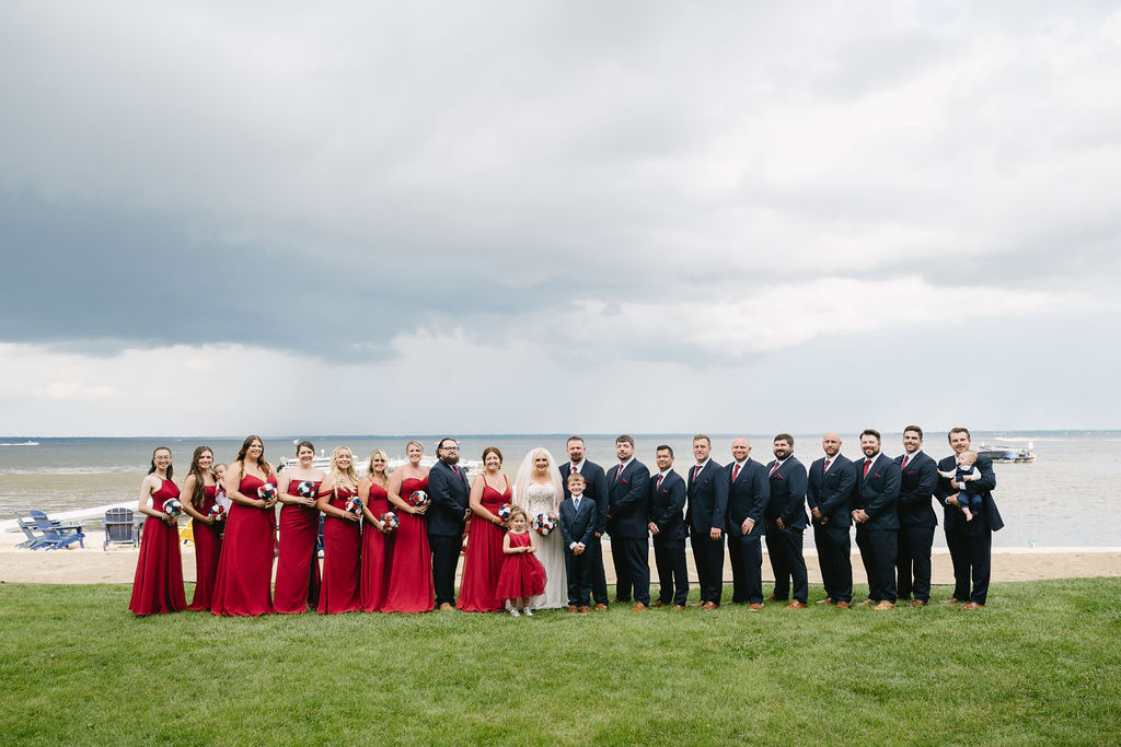 wedding party portrait on the lake