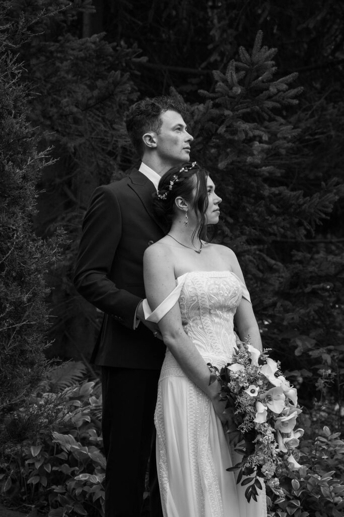 black and white portrait of bride and groom
