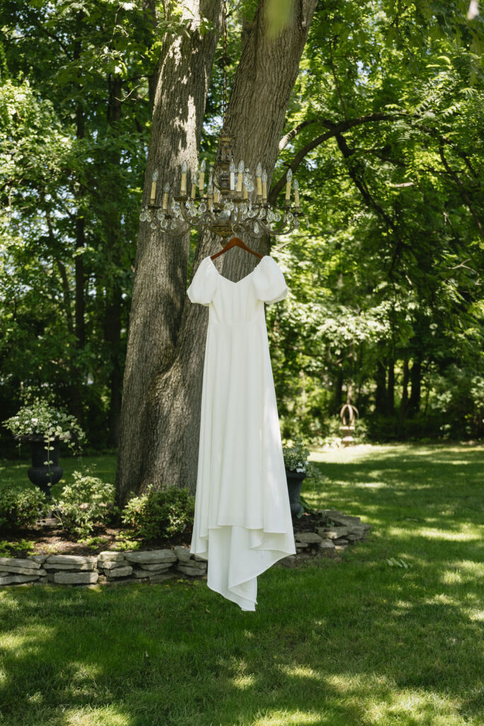 wedding gown hanging from trees