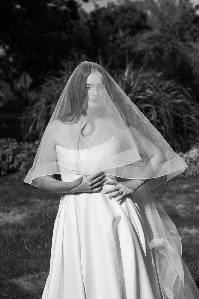 black and white bridal portrait with veil