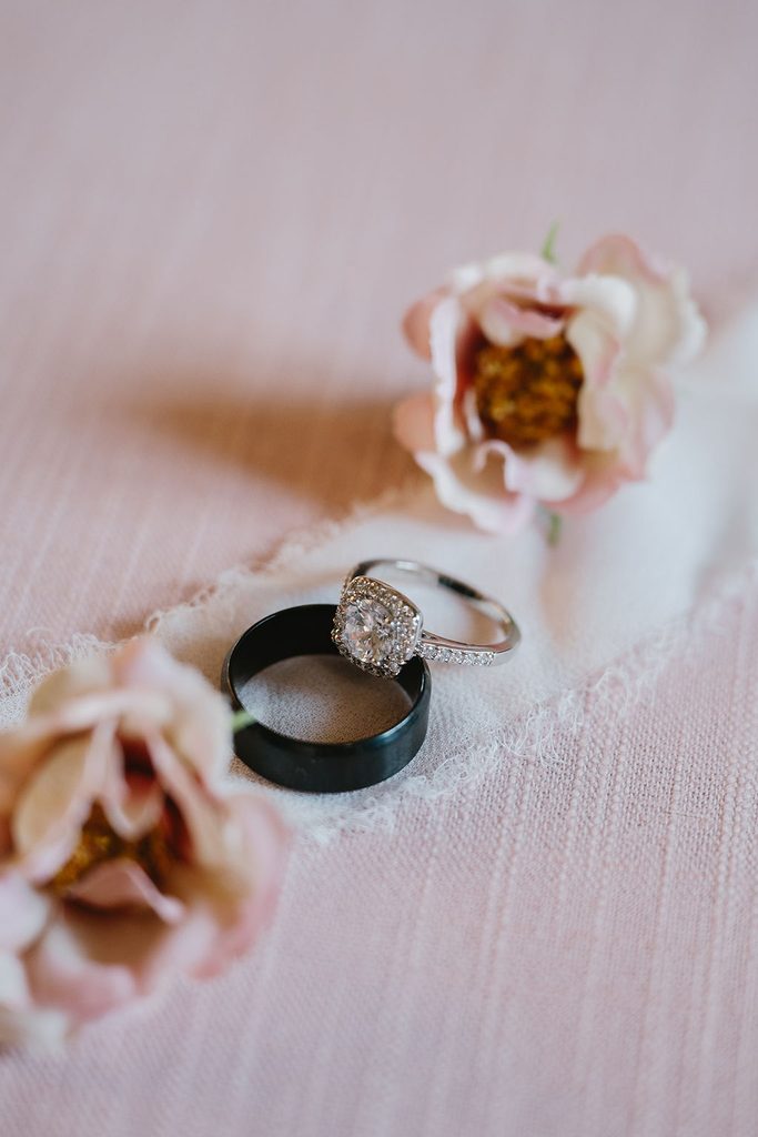 engagement ring with pink flowers